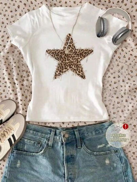 SHEIN Vintage Street Sports College Leopard Star Pattern, Tween Girl Slim Fit Casual Minimalist Comfortable Round Neck Long Sleeve T-Shirt, Suitable For Layering Or Outerwear, Autumn Outfits, Easy Comfort, Autumn Layers For Girls, Stylish Kids, Casual Wear, Kids Graphic Clothes, Fall Clothes