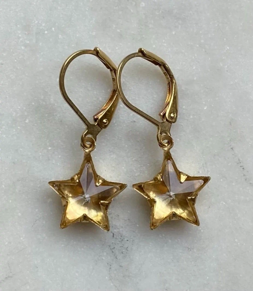 Vintage Inspired 10mm Swarovski clear Crystal Stars Rhinestone Brass Celestial Star Earrings.