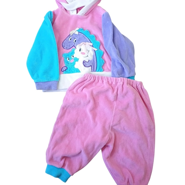 Vintage 1980's Baby Velour Applique Pink Jogger Suit Dinosaur 6-9 Months