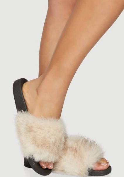 Womens Faux Fur Band Slide Sandals, Beige, Size 10 - Rainbow Shops