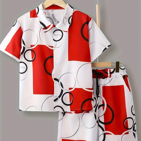 [Summer Beach Wear] Lightweight Polyester Boys' Printed Short Sleeved Shirt And Shorts Set | Loose And Comfortable Summer Beach Wear, Vacation And Leisure Outings, Outdoor Casual Fashion Clothing