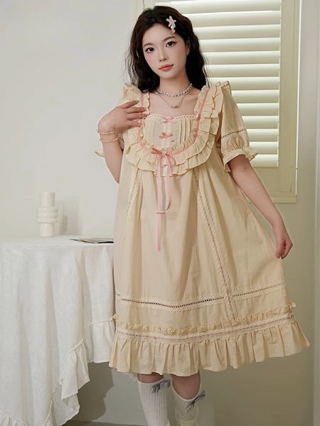[£46.20]Beige Bowknot Details Short Sleeves Nightgown
