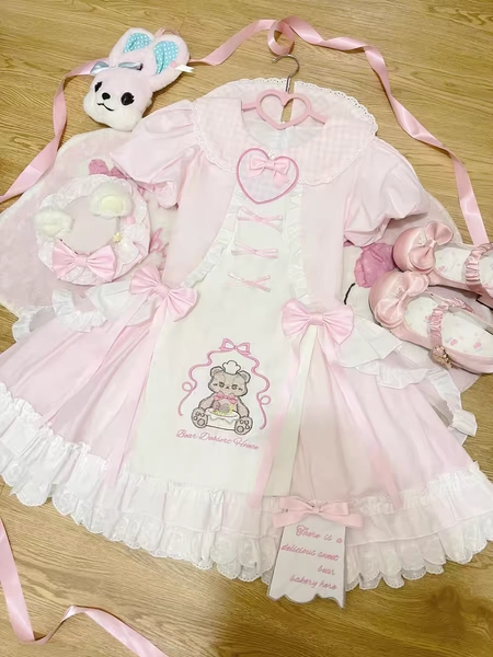 Japanese Style Sweet Cake Bear Lolita OP Dress Cute Princess Girl Pink Princess Y2k Bow Ruches Slim Dresses Chic Outfits Women - AliExpress 200000345