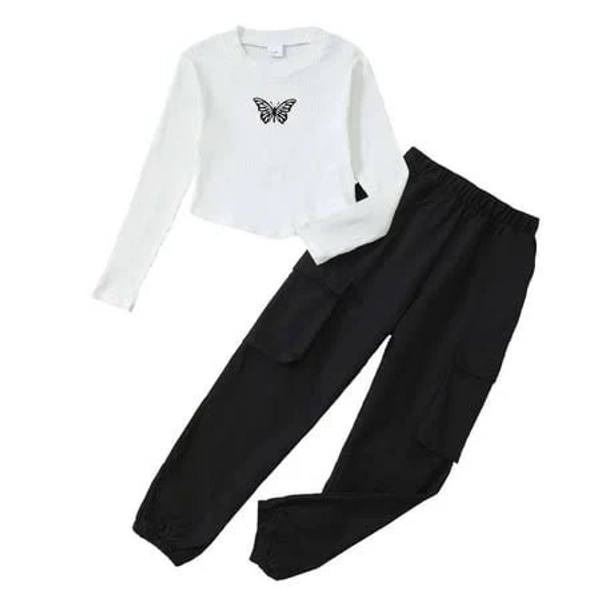 Kucnuzki 7 Years Big Girls Winter Clothes Set 8 Years Youth Child Kids Outfits Long Sleeves Knit Top Butterfly Print Crop Top Solid Color Cargo Pants