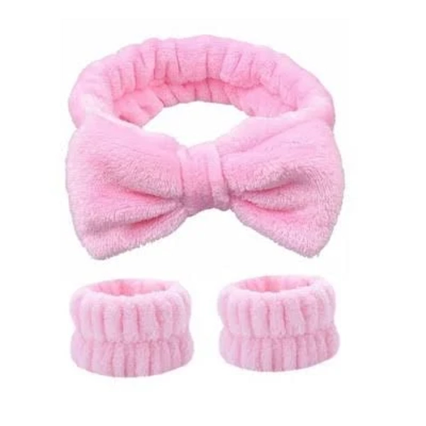 Anna-Kaci Plush Bow Spa Headband and Wristband Set