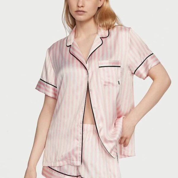 Victoria's Secret Satin Short Pajama Set Pink Iconic Stripe Large