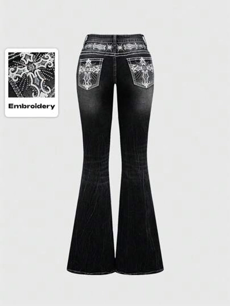 ROMWE Grunge Punk Y2K Retro Xplosion Pocket Cross Wing Embroidery Slim Fit Flare Leg Low Waist Jeans For Women