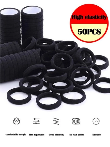 50pcs Black Simple Plain Color Elastic Hair Tie, 50pcs Summer Daily Black Elastic Hair Accessory For Women, Minimalist Ponytail Holder, Hairstyles Ideas, Rubber Band, Hair Accessories Set