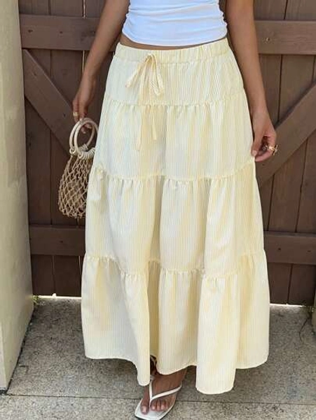 SHEIN EZwear Butter Yellow Striped Long Skirt, Women 's Vacation Outfits