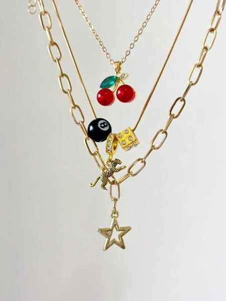 3pcs Leopard & Cherry Necklace Set, 8-Ball Billiard Dice Charm Necklace, Red Cherry Necklace, Fashionable Star Necklace, Classic Leopard Necklace