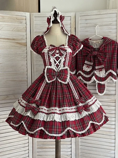 [£69.38]Red Plaid Puff Sleeves Sweet Lolita Dress with Scalloped Edge Trim and Bow Accents