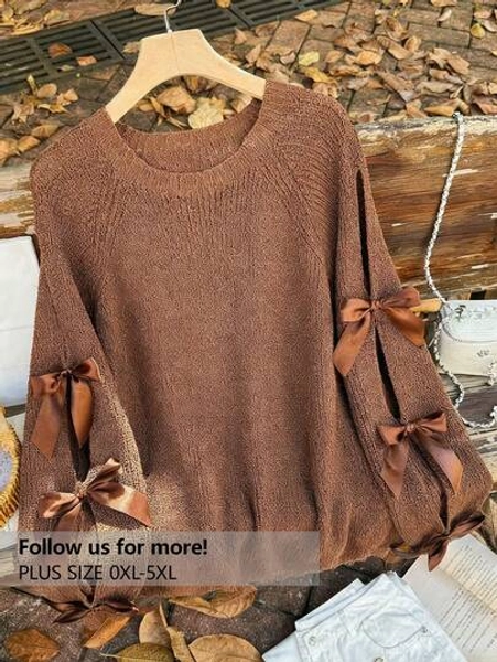 Firerie Plus Size Loose Knit Sweater With Hollow Bow Knot Decor, Plus Size Cute Fall Pullover In Beige, For Winter Autumn