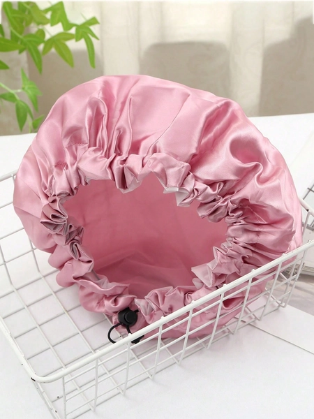 QINGMYU 2-Layer Waterproof Shower Cap, Adjustable Drawstring, Solid Color Black/Pink, Suitable For Makeup & Bathing Back To School