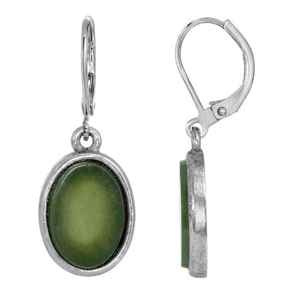 1928 Silver Tone Stone Oval Drop Earrings