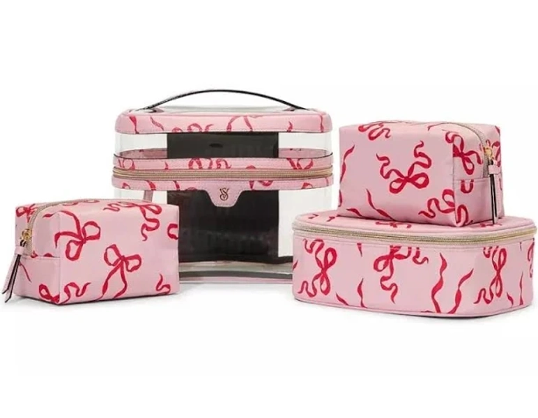 Victoria's Secret 4 Piece Makeup Cosmetic Bag Pink & Red Bow