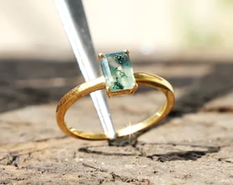 Natural Moss Agate and Amethyst Ring, 18k Gold Plated, 925 Sterling Silver Ring, Handmade Ring, Engagement Ring, Promise Ring, Birthday Gift - Etsy