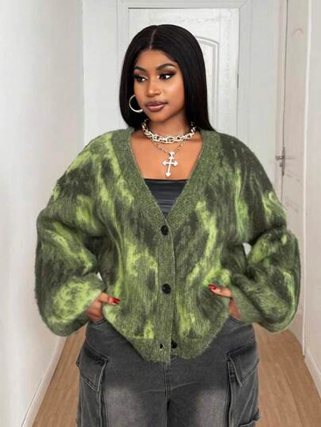 Maweii Plus Size Ombre Lantern Sleeve Cardigan, Autumn/Winter Fall Cloth For Women