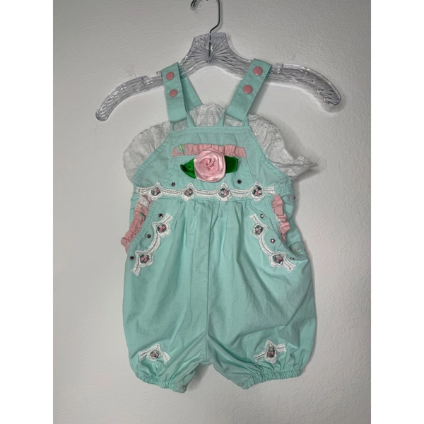 Vintage Marsha Girls Mint Green Pink Rose Eyelet Lace Embroidered Overalls 3T