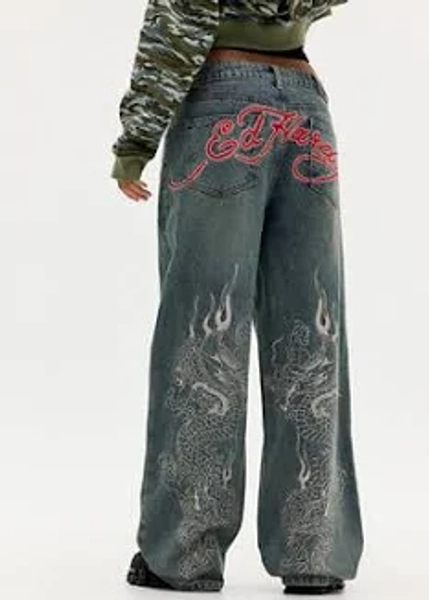 Ed Hardy Women's UO Exclusive Washed Dragon Wide-Leg Jeans