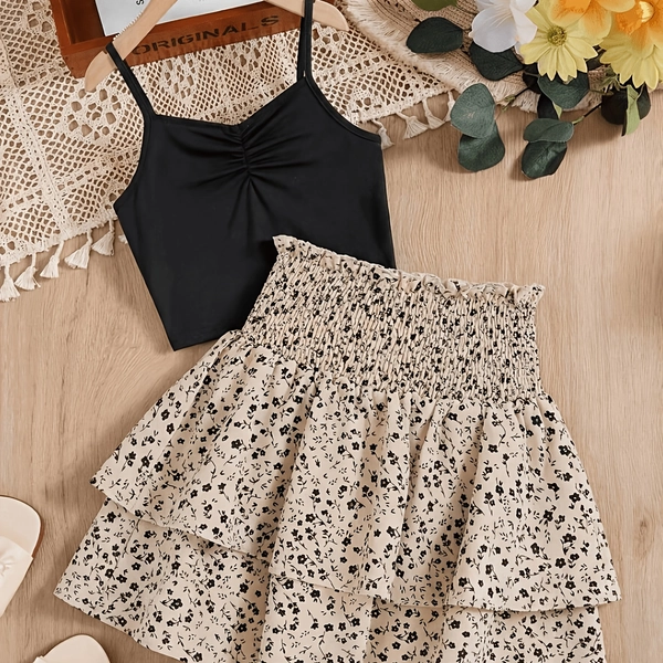 ' Solid-Color Vest And Floral Mini Skirt Set, Suitable for School, Outdoor