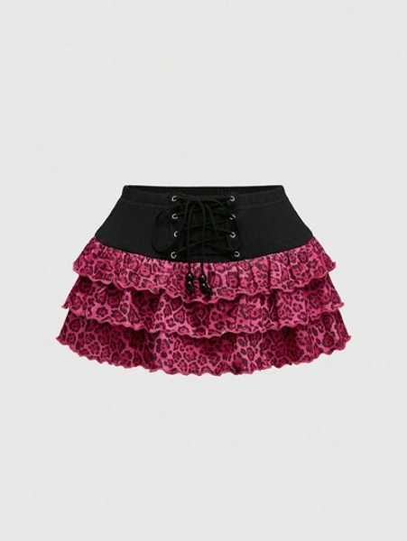ROMWE Vintage Y2K Hot Pink Leopard Print Layered Ruffle Drawstring Waist Skirt