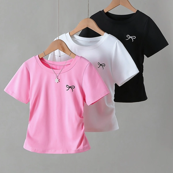 3pcs Set Girls' Large Size Bow Round Neck Side Elastic Short Sleeves | Sweet And Cute, Minimalist Design, Skinny Fit, Perfect For Summer, Versatile Stylish Outfit For Girls