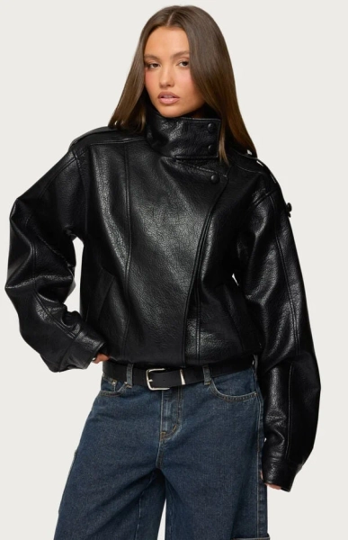 Jaicee High Neck Oversized Faux Leather Jacket