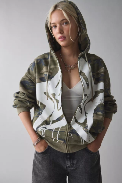 UO Bleached Star Zip-Up Hoodie Sweatshirt