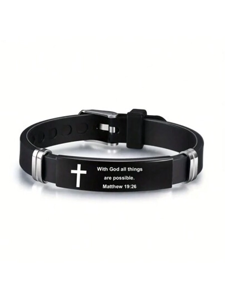 suteyi 1pc Stainless Steel Bible Bracelet With Adjustable Black Strap, Ideal Gift For Men