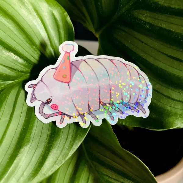 Holographic Isopod Sticker, Party Hat Pill Bug Vinyl Decal, Iridescent Kawaii Roly Poly Kawaii, Arthropod Stationery Terrarium Sticker