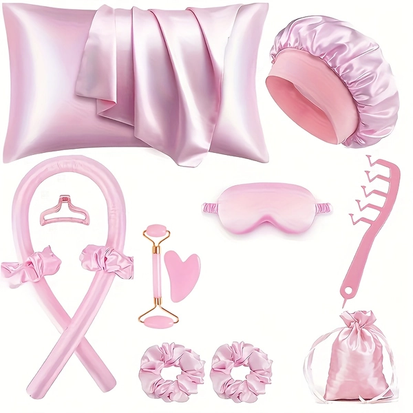 13pcs Sleep Hair Set, 1 Heat-Free Curling Iron, 1 Pillowcase, 1 Sleep Eye Mask, 4 Hair Bands, 1 Sleep Cap, 1 Hair Clip And 2 Facial Massagers, 1 Z-Shaped Comb for Gentle Facial Light Beige Spa Set