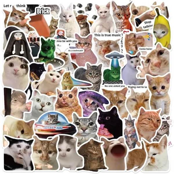50 Meme Cat Stickers Kawaii Funny Gift Waterproof Stickers Decals For Motorcycle, Laptop, Luggage, Water Bottle