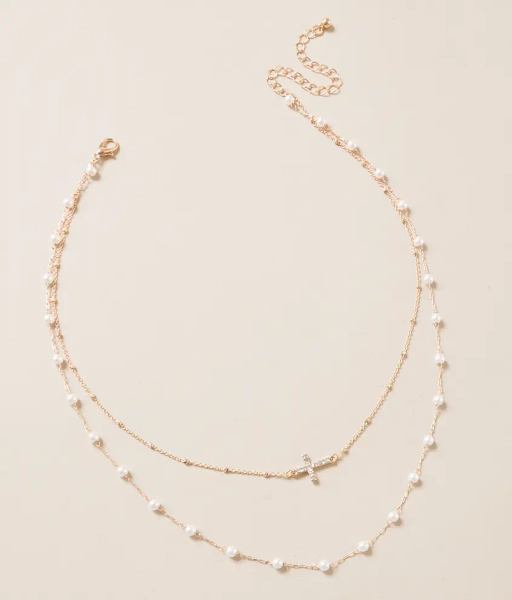 Gold Cross Pendant Tiered Necklace