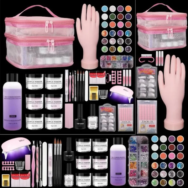 Kit For Beginners With Everything - Practice Hand Nails 6pcs Powder Liquid Set Uv Lamp Professional Manicure In Pink Bag Starter Home Salon (pink-1)