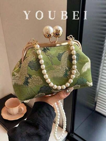 New Retro Green Fabric Faux Pearl Chain Clutch Bag, Women Versatile Shoulder Handbag Party And Daily Use, Elegant Pearl Bag