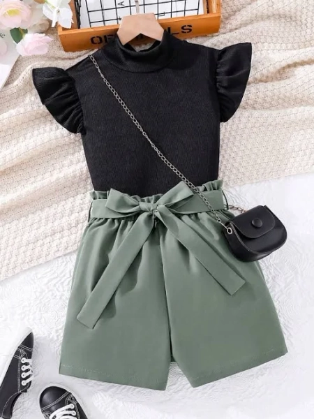 SHEIN Teen Girls' Casual Cap Sleeve T-Shirt and Shorts Set