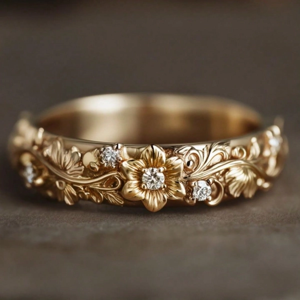 Women's Vintage Carved Ring, 3D Floral Leaf Relief With Synthetic Zirconia Accents, Creating A Light Luxury Vibe, Suitable For Daily Commute Wear