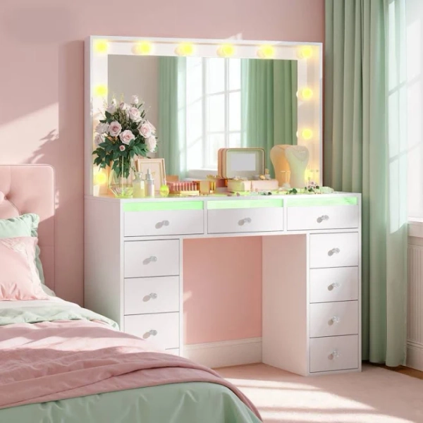 Makeup Vanity Desk with 11 Storage Drawers, 3 RGB Lighted Drawers, Oversized Mirror
