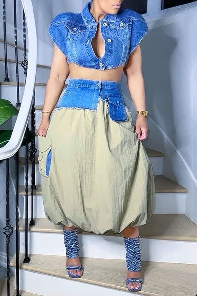 Plus Size Daily Green Shirt Collar Waistcoat Contrast Pocket Denim Two Piece Skirt Sets - AliExpress 200000345