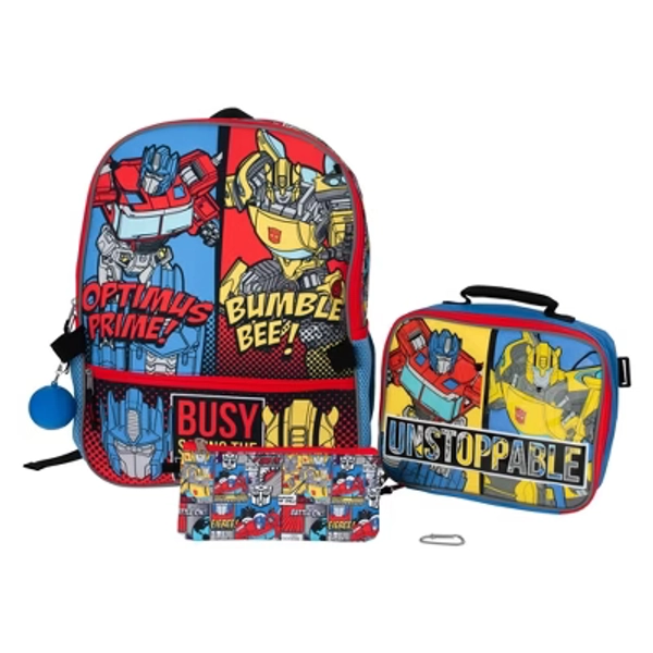 Transformers 5 PC Backpack Set, Bumblebee & Optimus Prime School Bag 16, Blue & Red
