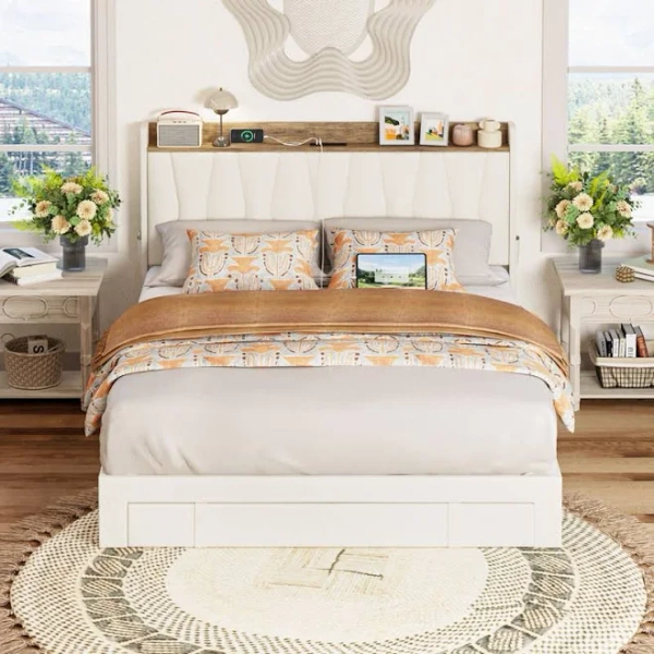 Ivy Bronx Upholstered Bed Frame with 3 Drawers, Storage Headboard, and Charging Station