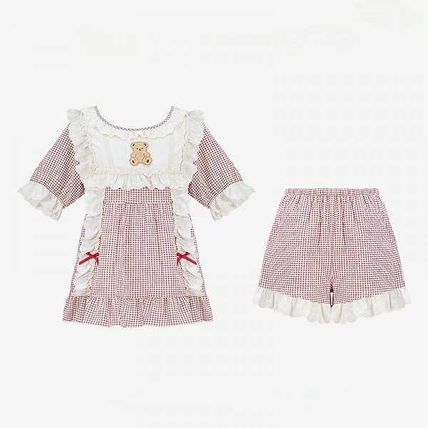 [£39.60]Little Bear Red Plaid Pattern Pajama Set Ruffle Trim