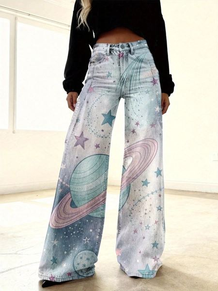 Women's 3D Cosmic Space Denim Pants - Wide-Leg Winter Pants With Stars, Planets & Print, Ripped Straight-Leg Slim Fit Button Closure For Casual Elegant Outfits (Machine Washable) |   Universe Themed Jeans For All Body Types