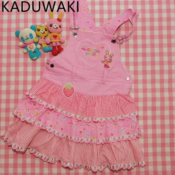Spring Summer Sweet Strawberry Embroidery Women Clothing Japanese Kawaii Pink Suspender Dress Ruffles Patchwork Cake Robe - AliExpress 200000345