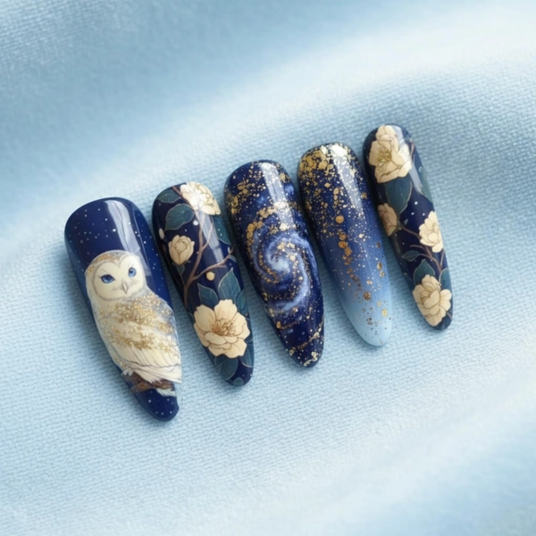 Celestial Owl Night Press On Nails, Midnight Blue Galaxy Floral Nails, Gold Stardust Nail Design, Hand-Painted Fantasy Nail Art