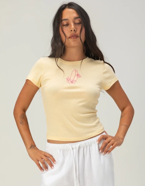 FULL TILT Flower Surfboard Womens Baby Tee - YELLOW