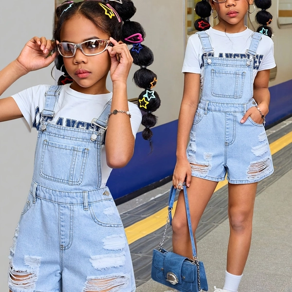 [Perfect Gifts for Kids] Girls Loose Denim Shortalls, Girls Clothes8To1, Ripped Details, Light Wash Overall Short Soft, Comfortable&Skin-friendly, Kids Girls Trendy Stuff, Preppy Style, Perfect Gifts for Kids, Back to School Vibe, Casual, SummerEssential, Perfect for Outdoor