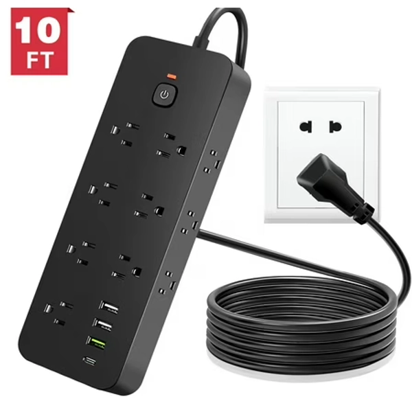 Power Strip Surge Protector, Meromore Flat Plug Extension Cord 10FT with 13 Outlets 4 USB Charger, 1875J Protection Multiple Outlets Charging Station for Home, Office, College Dorm Room