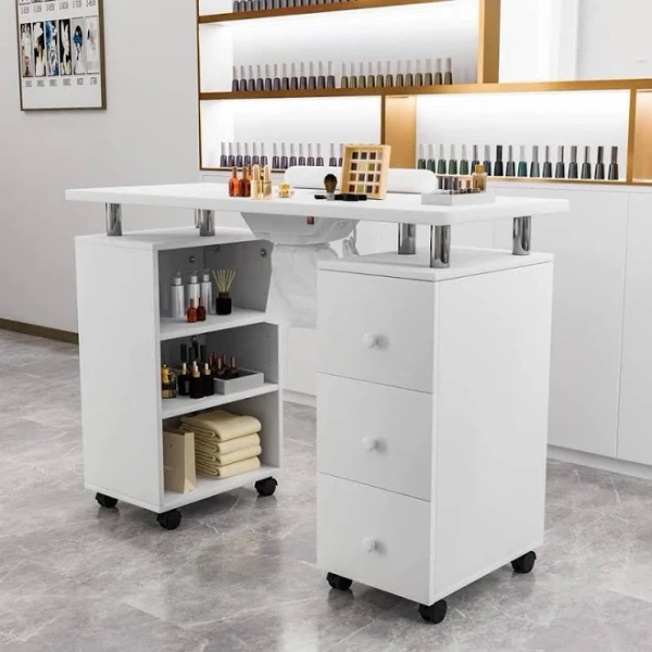 Karl Home 42.5 in. Rectangular White MDF 3-Drawer Manicure Table Nail Desk Open Side Cabinet Door