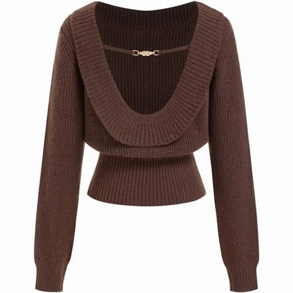 CIDER Women's Knit Fabric Boat Neck Backless Chain Detail Long Sleeve Casual Top for Daily Wear